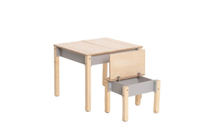 Gray FAMILY Smart Storage Table closed with matching chair storage compartment open