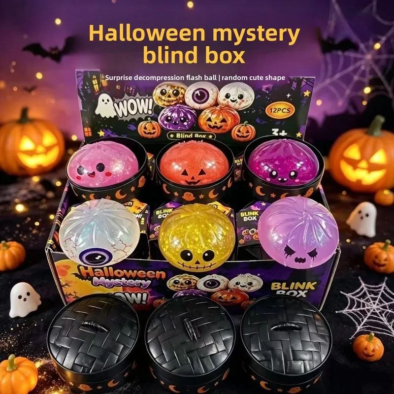 Halloween Mystery Squishy Blind Box display with colourful 10 cm pumpkin, eyeball, ghost and spooky character squishies