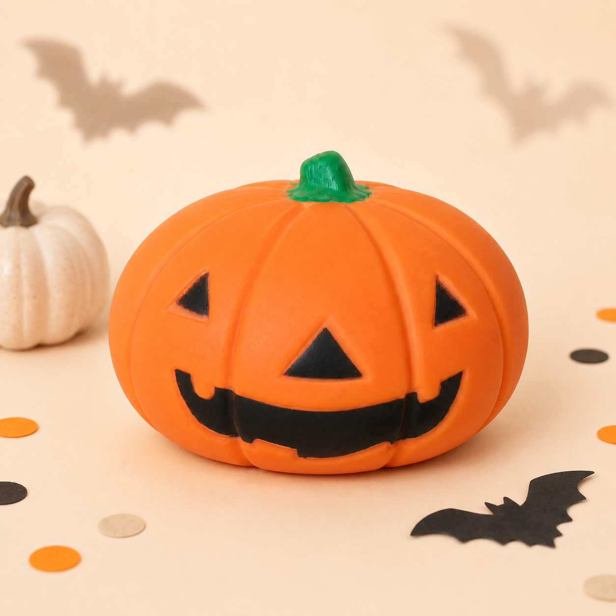 Orange 15 cm Halloween pumpkin squishy with black Jack-o’-lantern face, green stem and bat decorations