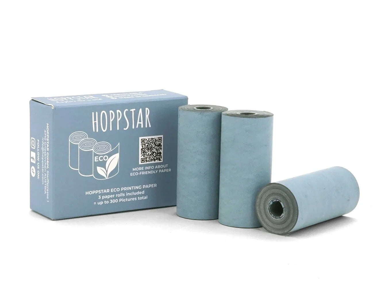 Rouleaux de papier thermique écoresponsable Hoppstar, couleur bleu clair, set de trois avec boîte