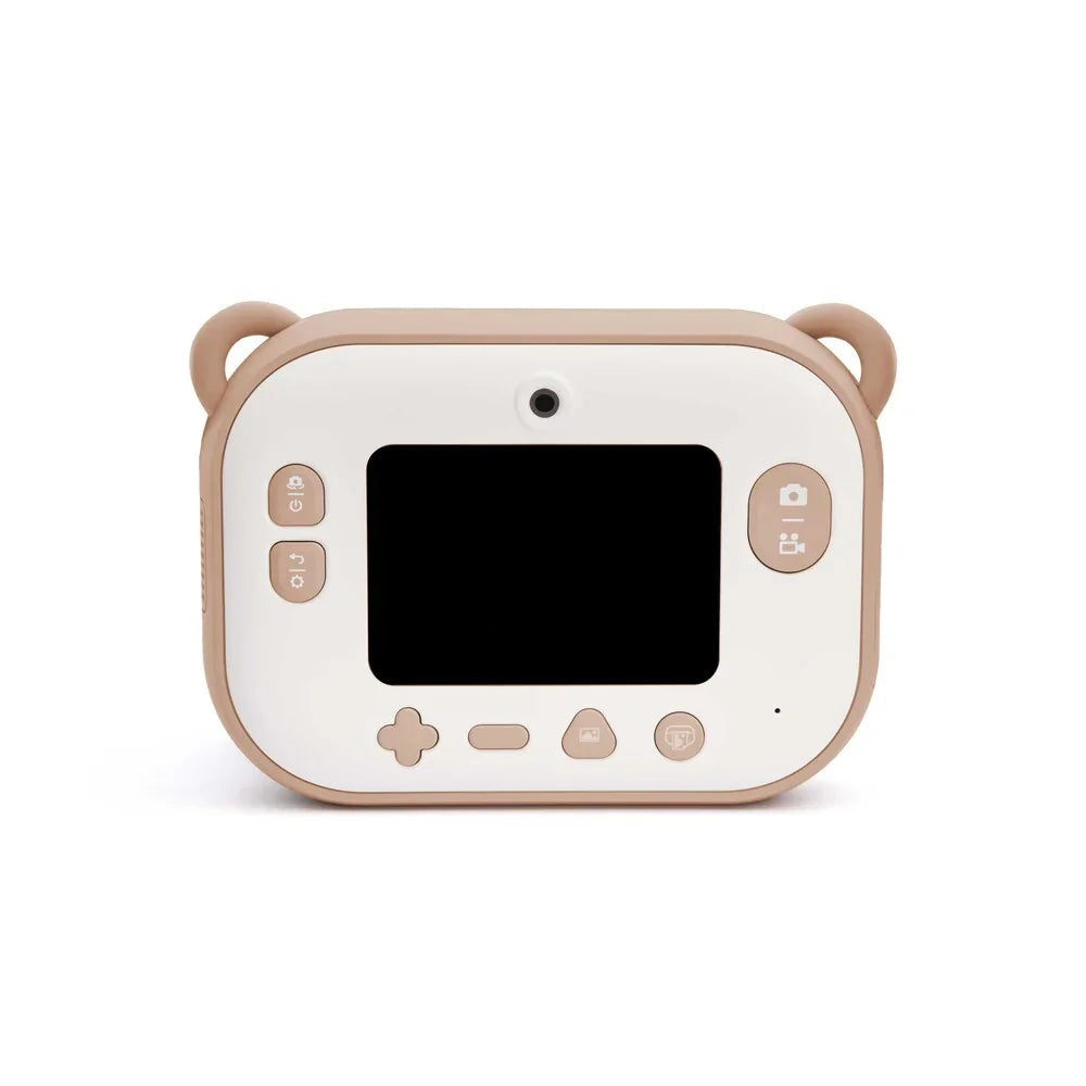 Appareil photo numérique pour enfants, beige et blanc, forme rectangulaire, écran arrière, boutons de commande