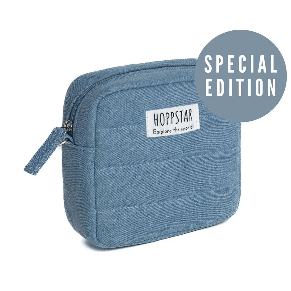 Borsa fotografica Hoppstar midi special edition in tessuto trapuntato blu con zip frontale