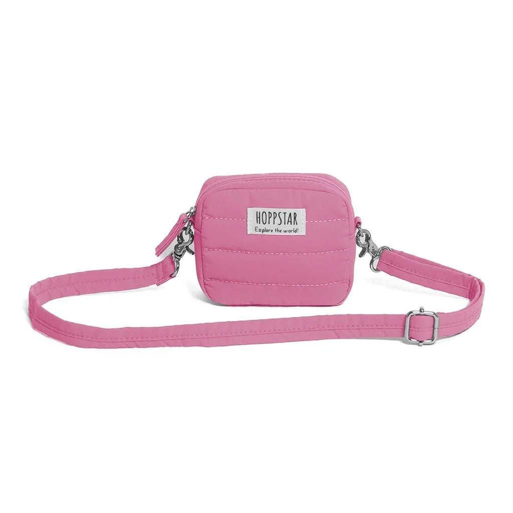 Mini borsa fotografica Hoppstar rosa con tracolla regolabile e design in tessuto trapuntato