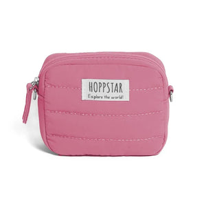 Mini borsa fotografica Hoppstar rosa con cuciture orizzontali e patch logo frontale