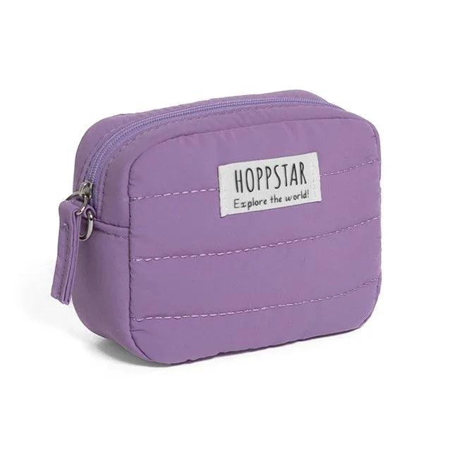 Mini borsa fotografica Hoppstar in nylon viola con chiusura a zip e dettagli cuciti