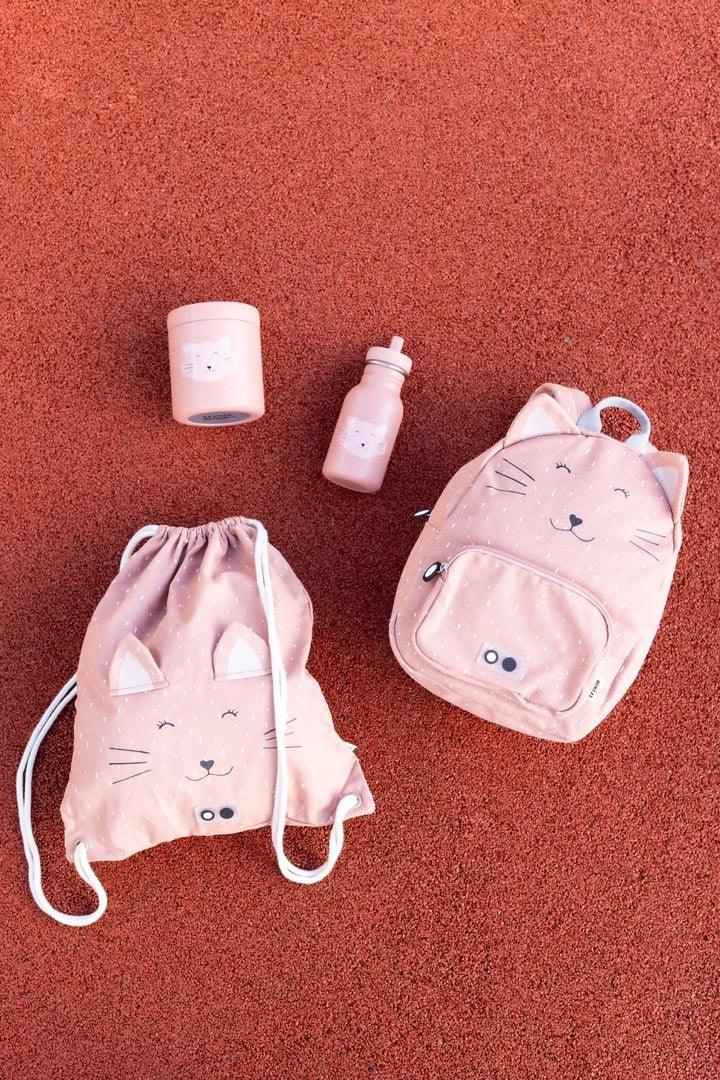 Lot pot isotherme rose, gourde, sac à dos et sac à cordon avec motif tête de chat