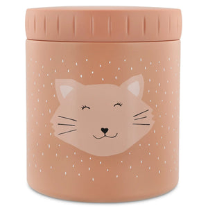 Pot isotherme 500 ml en couleur pêche avec illustration tête de chat et motif à pois