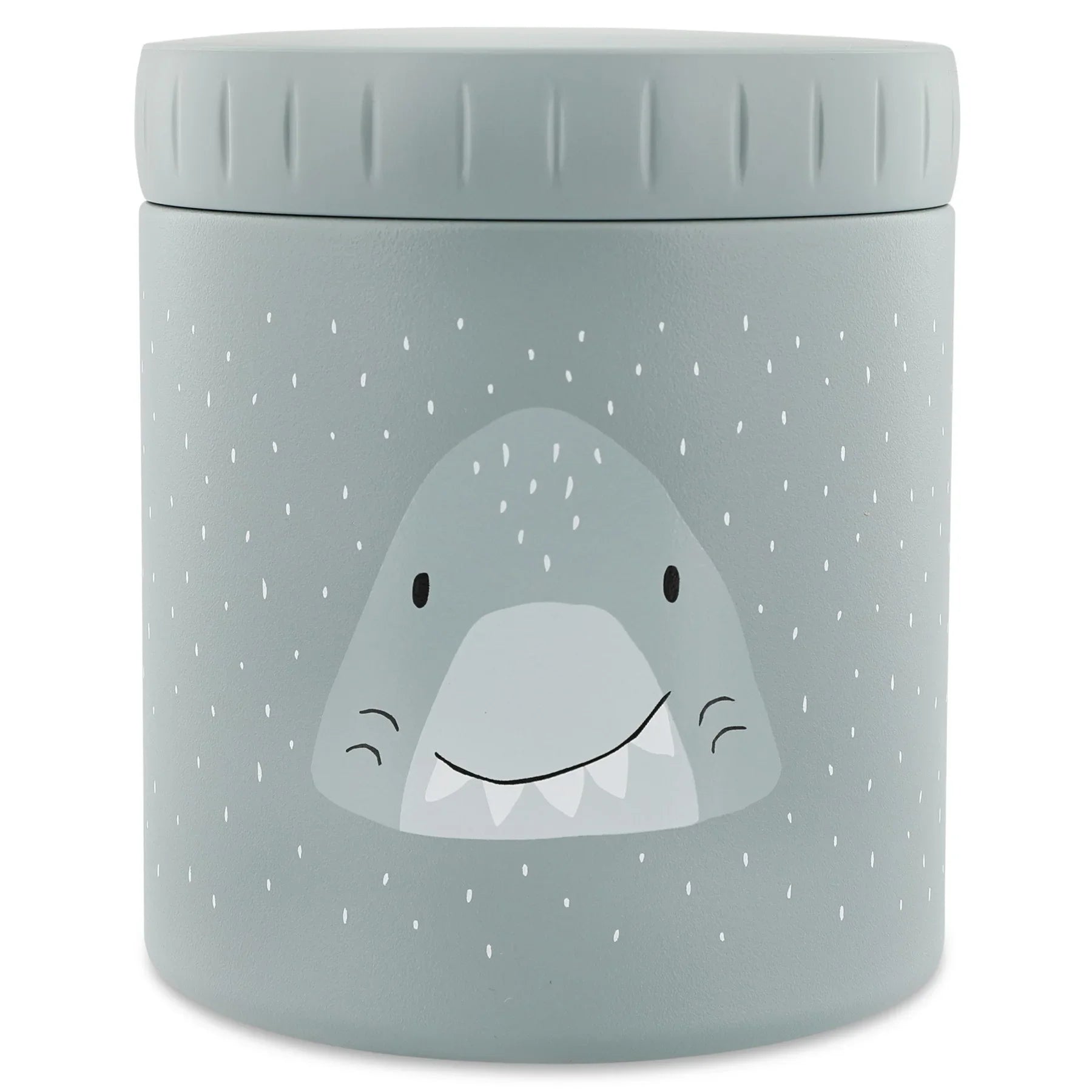 Recipiente térmico de 500ml en color gris claro y bonito diseño de cara de tiburón