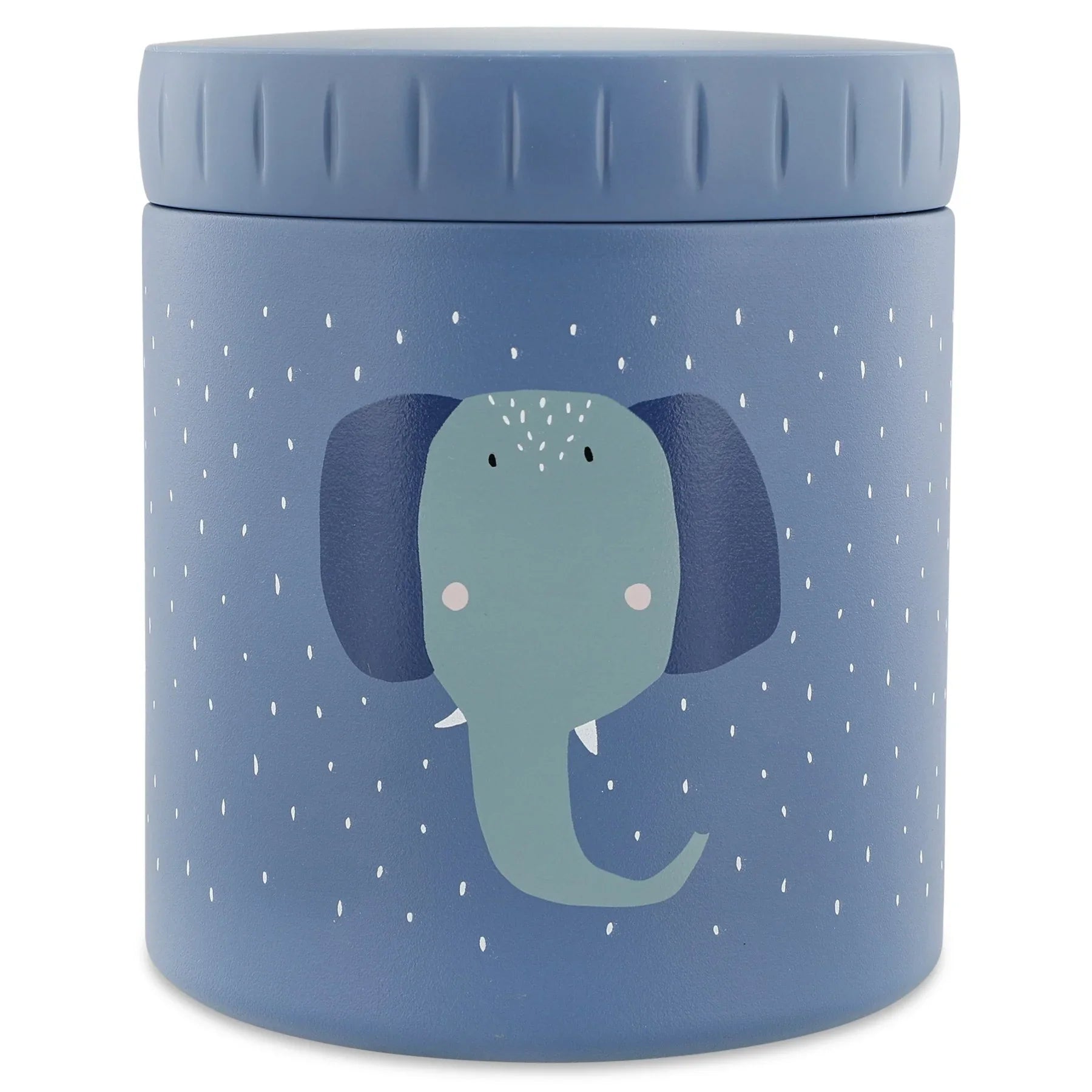 Recipiente térmico azul con ilustración de elefante y patrón de puntos blancos