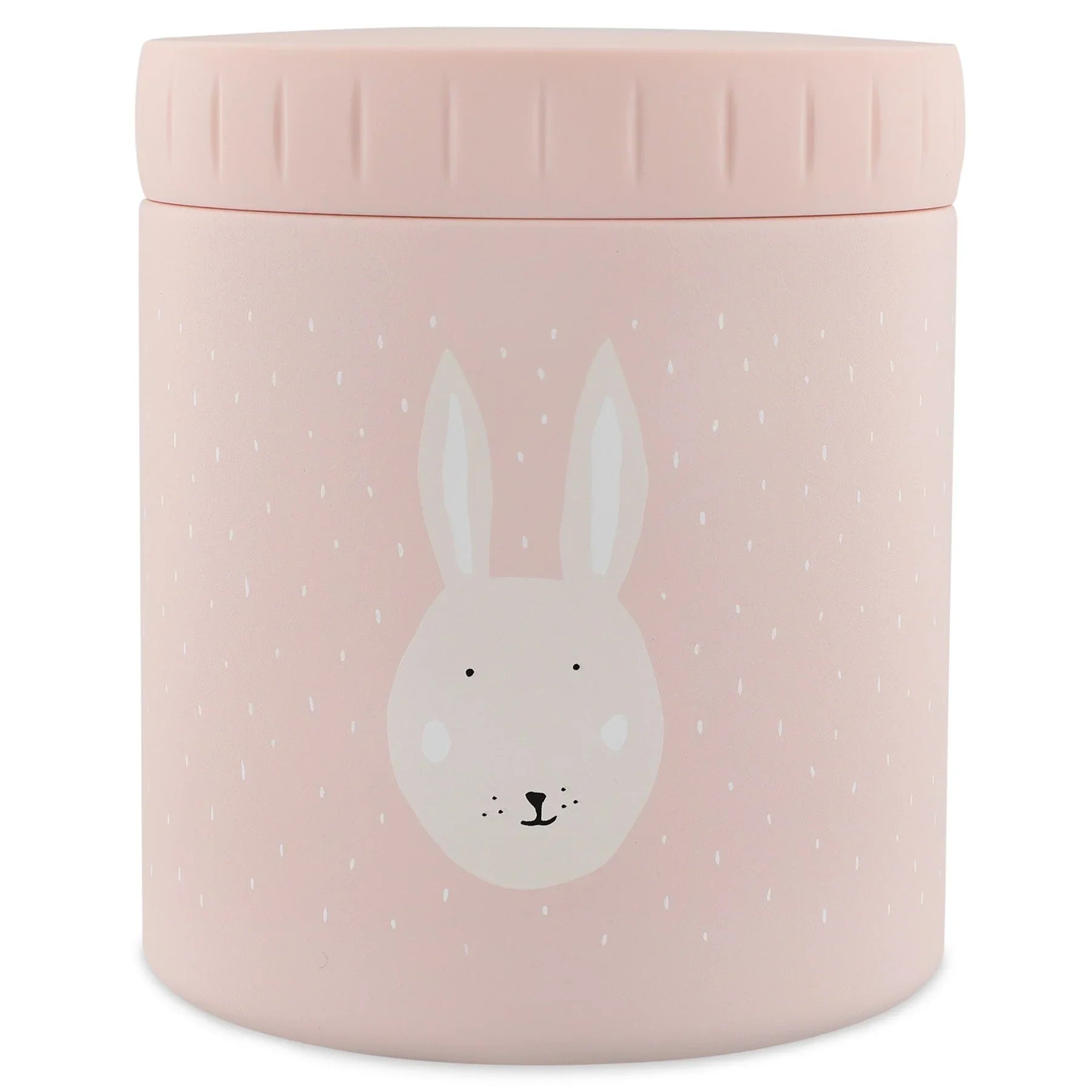 Recipiente térmico rosa de 500 ml con una linda ilustración de cara de conejo y patrón de puntos