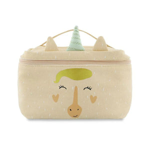 Lunchbox isotherme beige en forme de licorne avec fermeture éclair, visage imprimé et corne vert menthe.