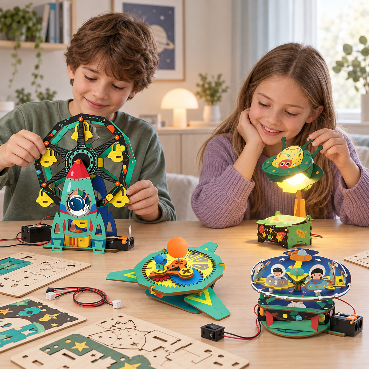 Children assembling four space-themed STEAM electricity projects including Ferris wheel, UFO lamp, planetary gear model and carousel