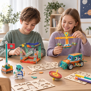 Boy and girl building 6-in-1 STEAM mechanics experiments with space vehicle, pulley model, balance and spinning top