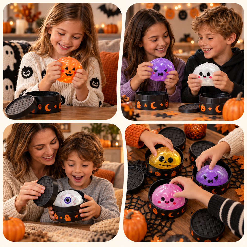 Children and families sharing Halloween Dumpling Squishies in four playful moments