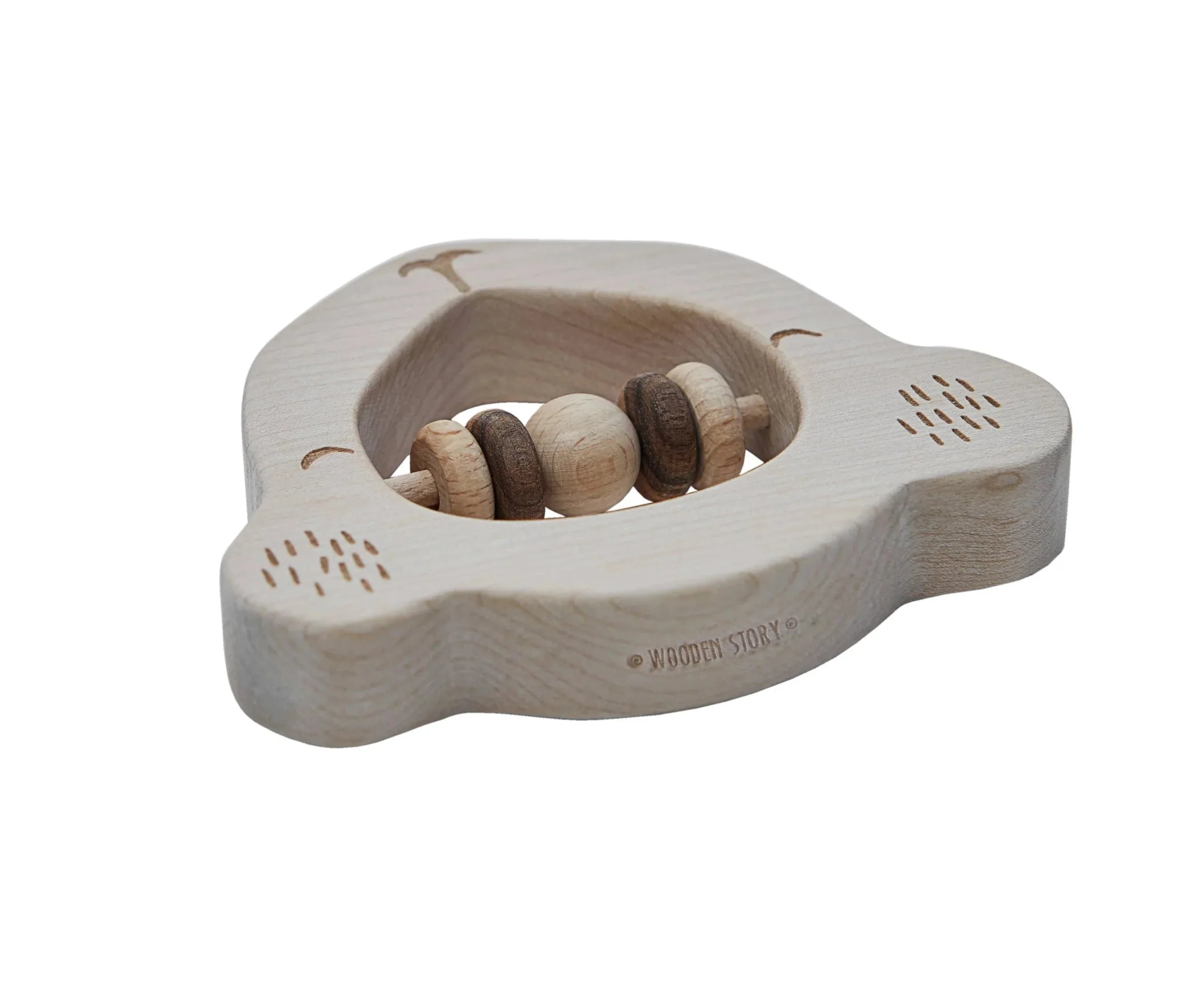 Sonaglio per neonati in legno a forma di koala con perline scorrevoli naturali e finitura liscia, progettato per il gioco sensoriale e lo sviluppo Montessori.