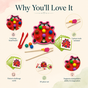 Wooden_ladybug_fine_motor_game_infographic_with_colourful_balls_two_pincers_and_pattern_challenge_cards