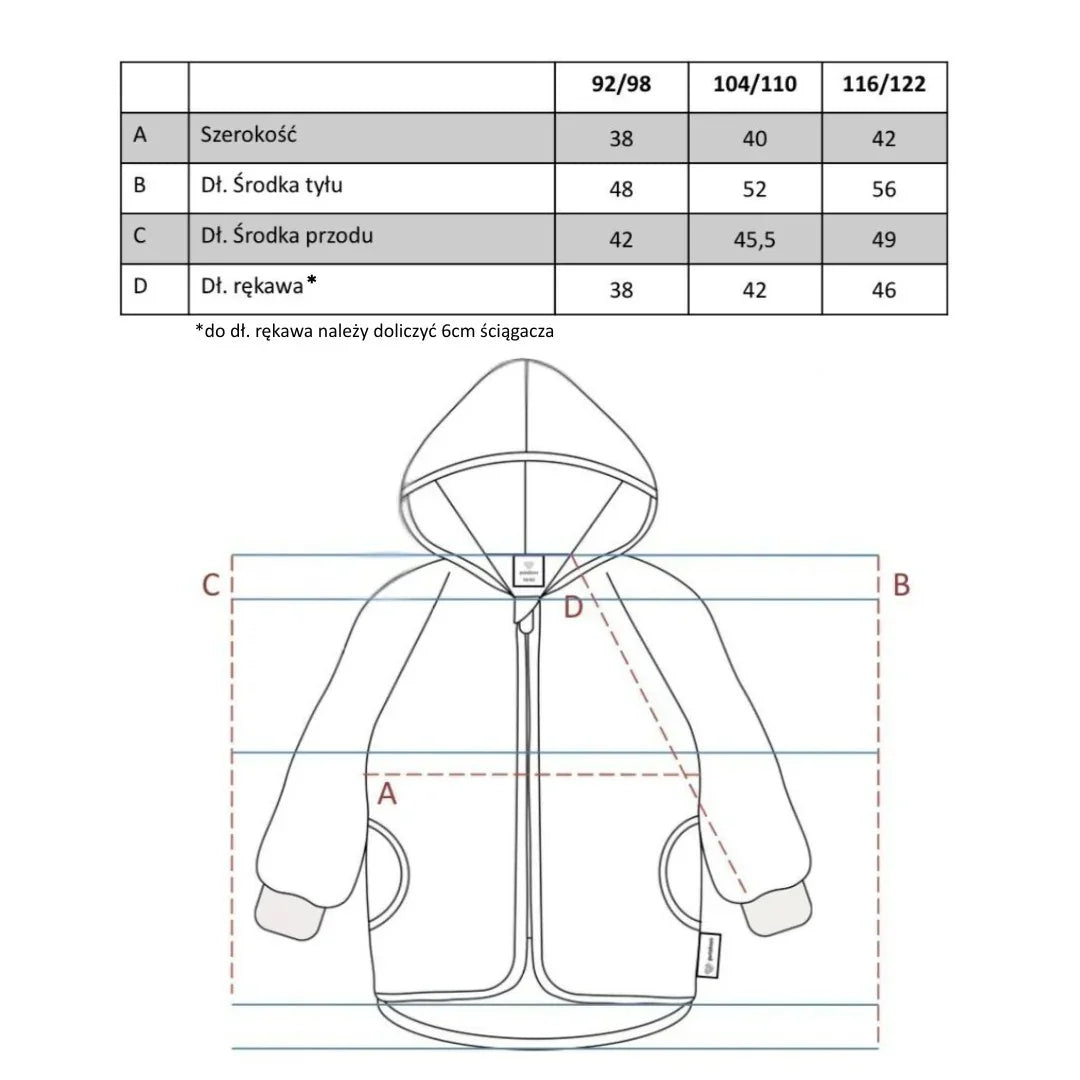 Kids hooded jacket size chart with measurements for 92/98, 104/110, 116/122 sizes
