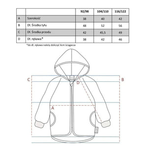 Kids hooded jacket size chart with measurements for 92/98, 104/110, 116/122 sizes