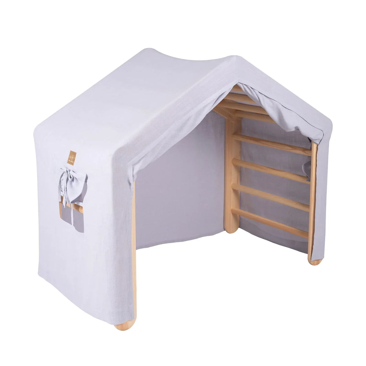 Large Natural Wood Ladder House with blue-grey cover opened to reveal wooden climbing rungs