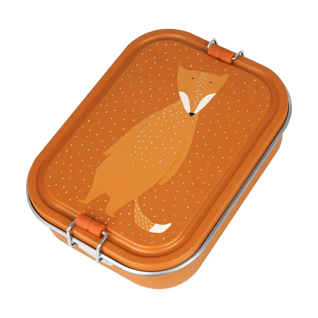 large orange lunch box with fox pattern and metal clasp closure