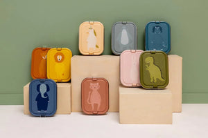 Lunchbox rectangulaires avec illustrations (renard, lion, dinosaure, chat, éléphant).