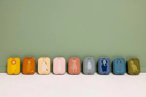 Lunchbox rectangulaires avec illustrations d'animaux, alignées contre un mur vert.