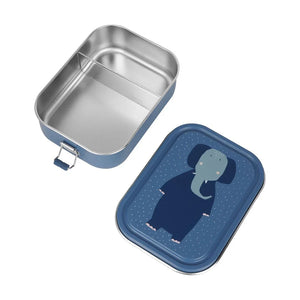 Lunchbox en acier inoxydable bleu avec compartiments et illustration d'éléphant sur le couvercle.