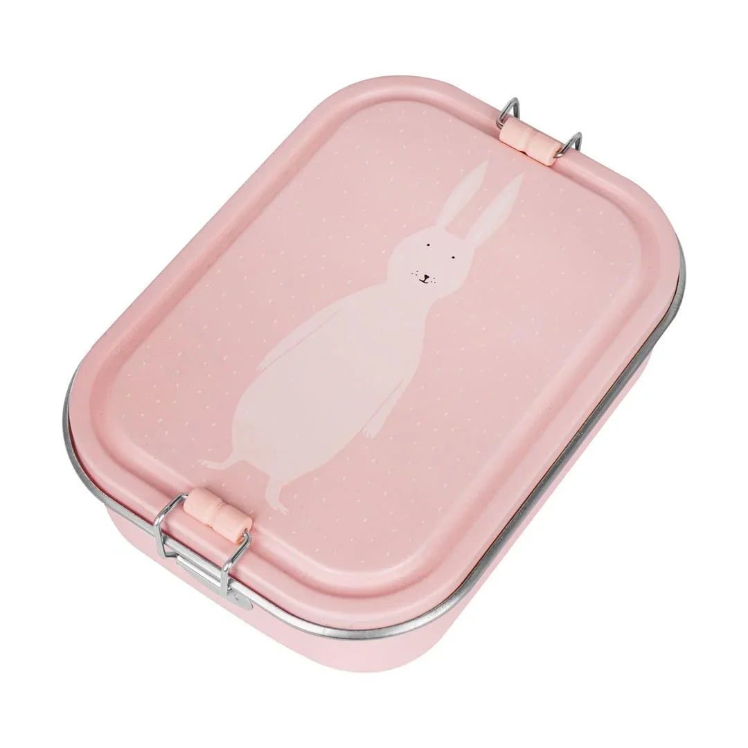 Lunchbox rectangulaire rose avec illustration de lapin blanc et fermeture à cliquet en métal.