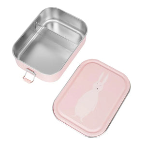 Grande lunchbox en métal rose avec séparateur et couvercle illustré d'un lapin blanc.