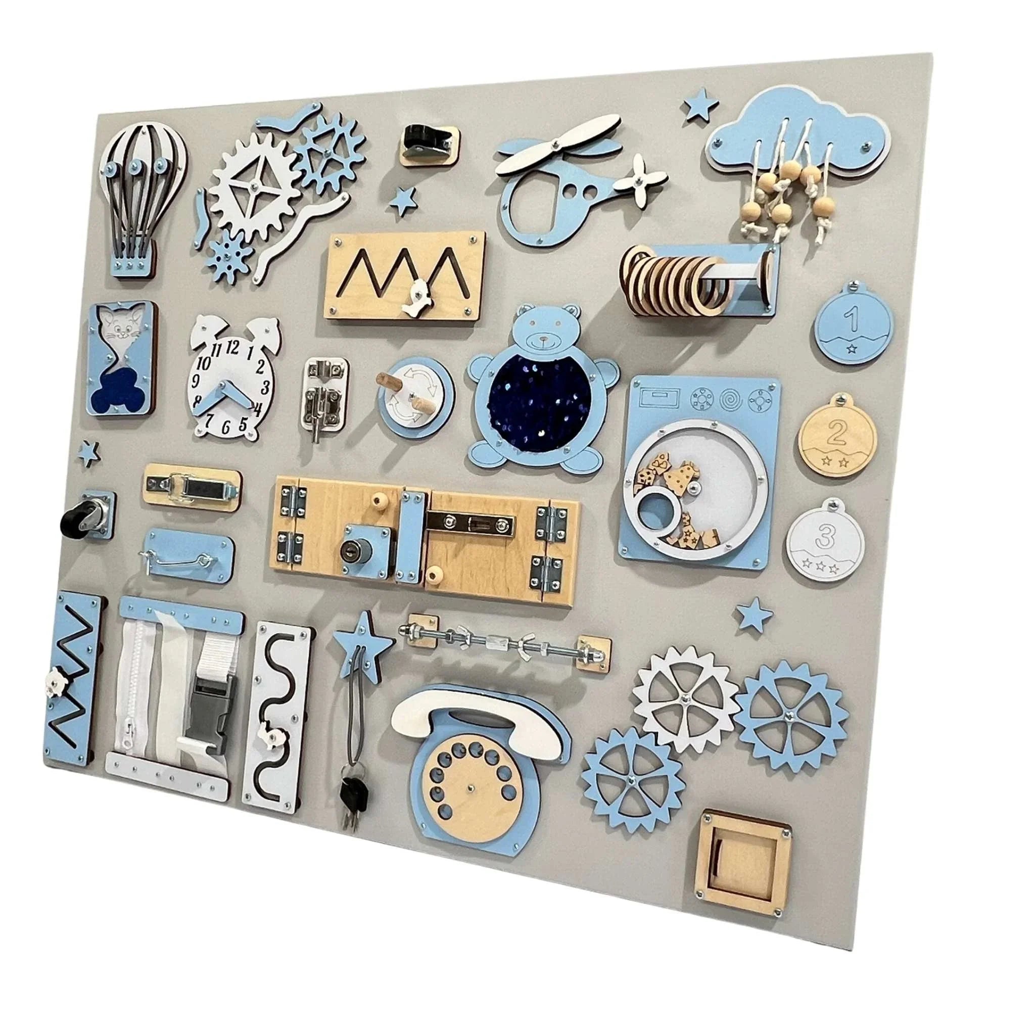 Blue and natural wood Montessori busy board with gears, latches, clock, and sensory activities for toddlers