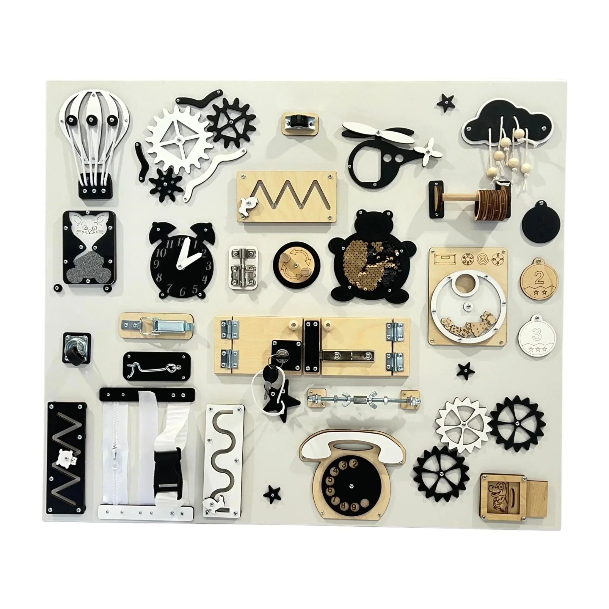 Montessori busy board with wooden gears, zippers, locks, clock, and phone in black, white, natural wood