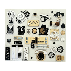 Montessori busy board with wooden gears, zippers, locks, clock, and phone in black, white, natural wood