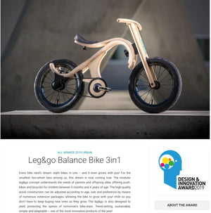 Leg&go 3in1 wooden balance bike with black tires, adjustable frame for kids 6 months to 6 years