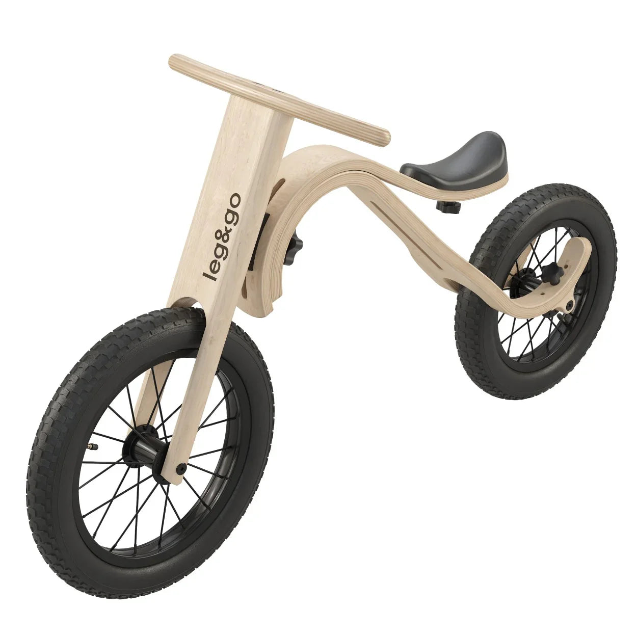 Natural wood balance bike with black tires and seat, leg&go brand