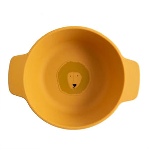 Bol en silicone jaune moutarde avec illustration tête de lion, vaisselle pour enfant