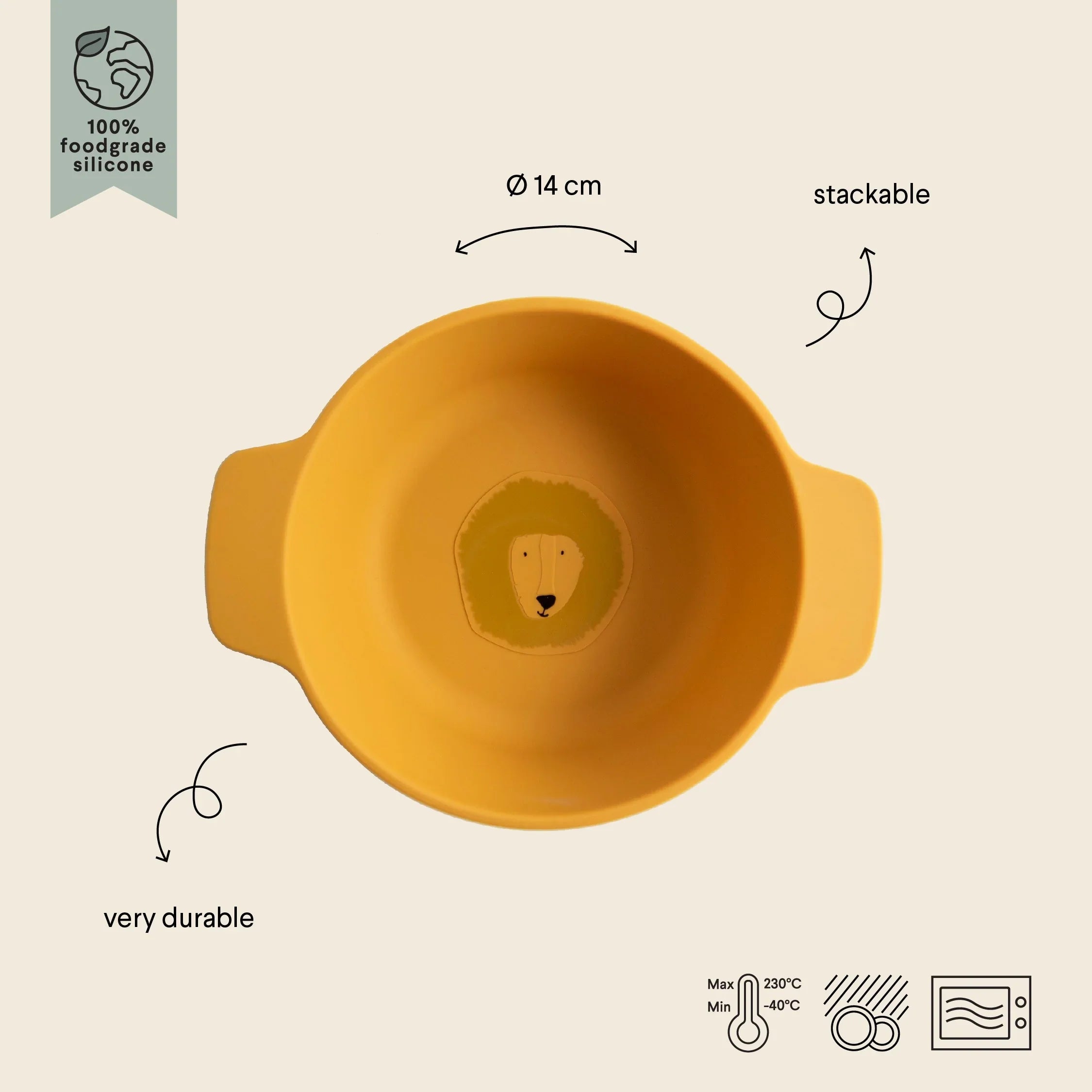Bol de silicona amarillo para bebé con ilustración de león, apilable, duradero, grado alimentario, 14 cm de diámetro
