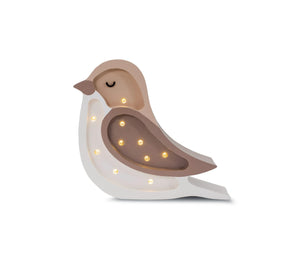 Wooden bird night light with warm LED dots, white and beige finish, nursery decor accent