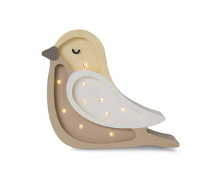 Wooden bird night light with warm LED dots, natural wood head, beige body, white wing, for nursery decor