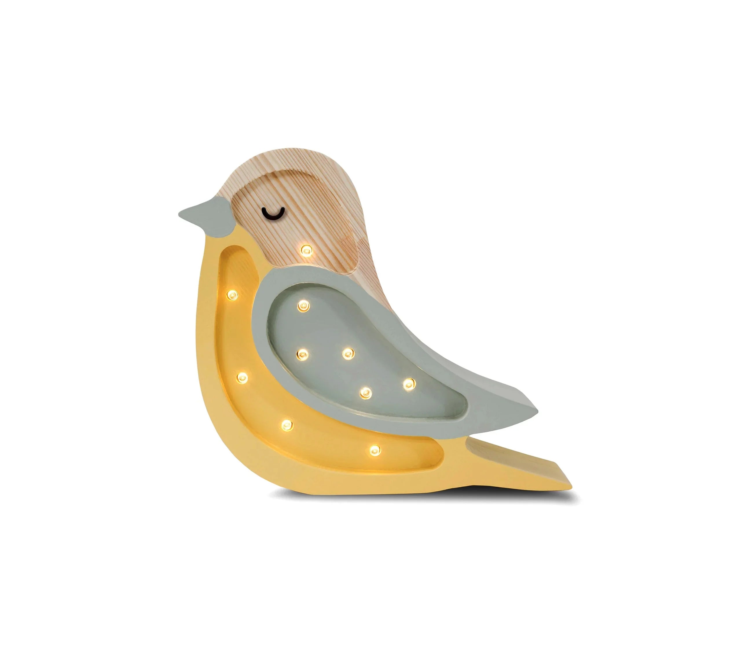Wooden bird nightlight with warm LED lights, yellow and gray design for nursery decor