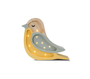 Wooden bird nightlight with warm LED lights, yellow and gray design for nursery decor