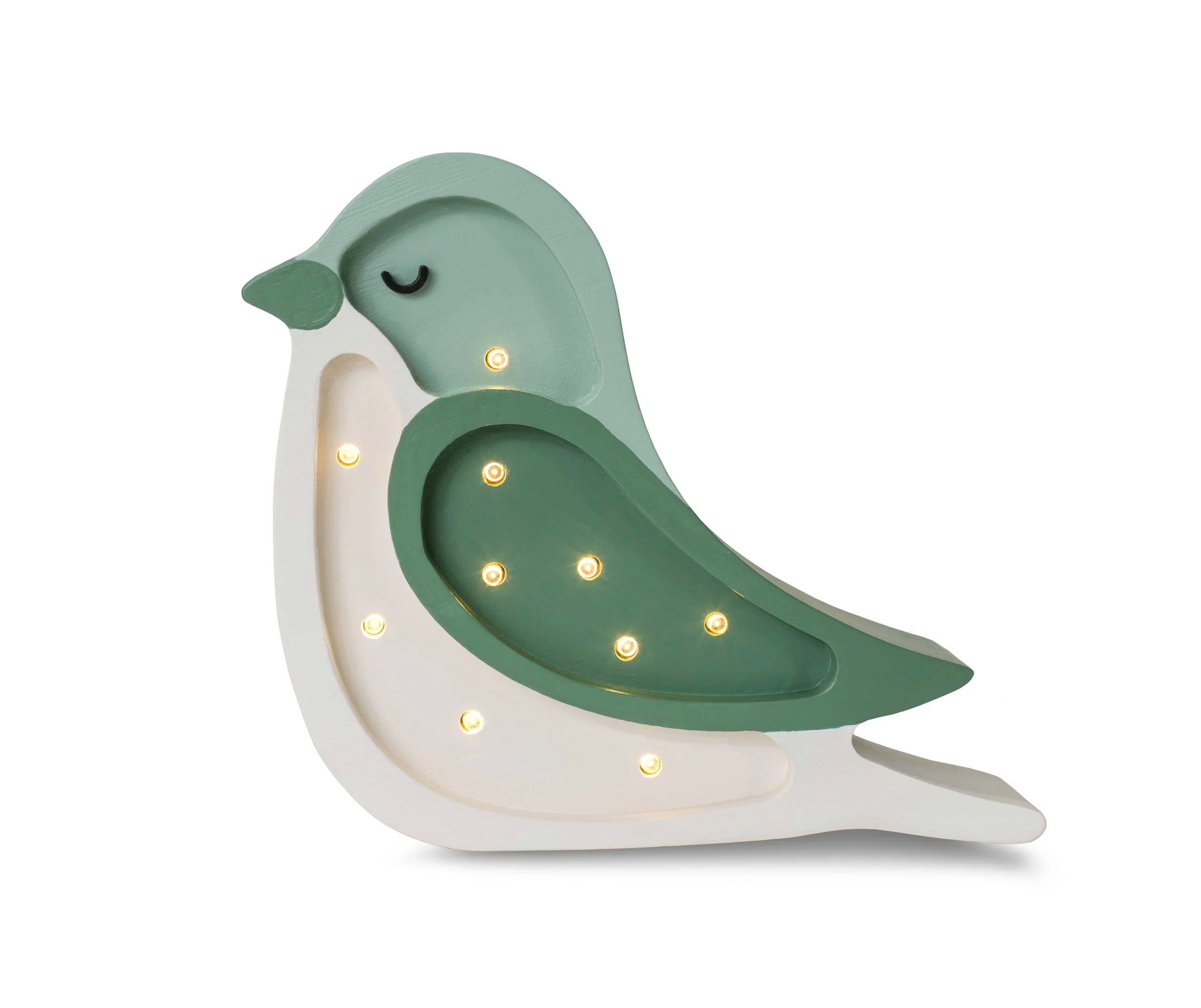 Green and white wooden bird night light with warm LED dots, nursery decor accent