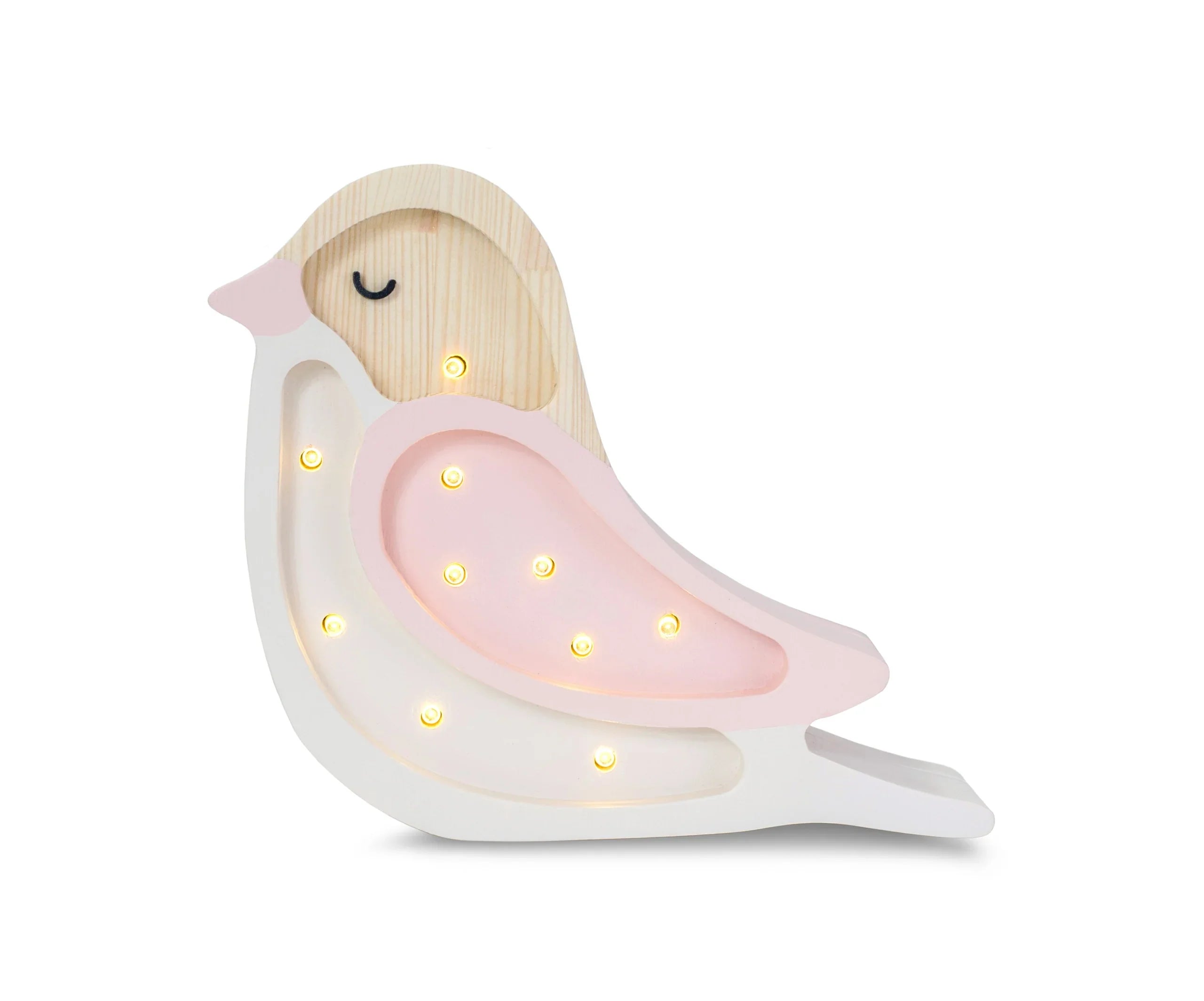 Wooden bird night light with pink and white layers, warm LED dots, for nursery decor