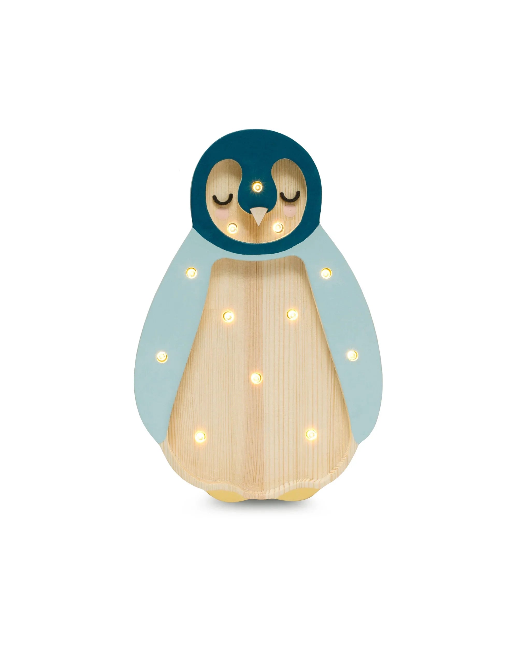 Wooden penguin night light with blue wings, natural wood body, and warm LED dots for nursery decor