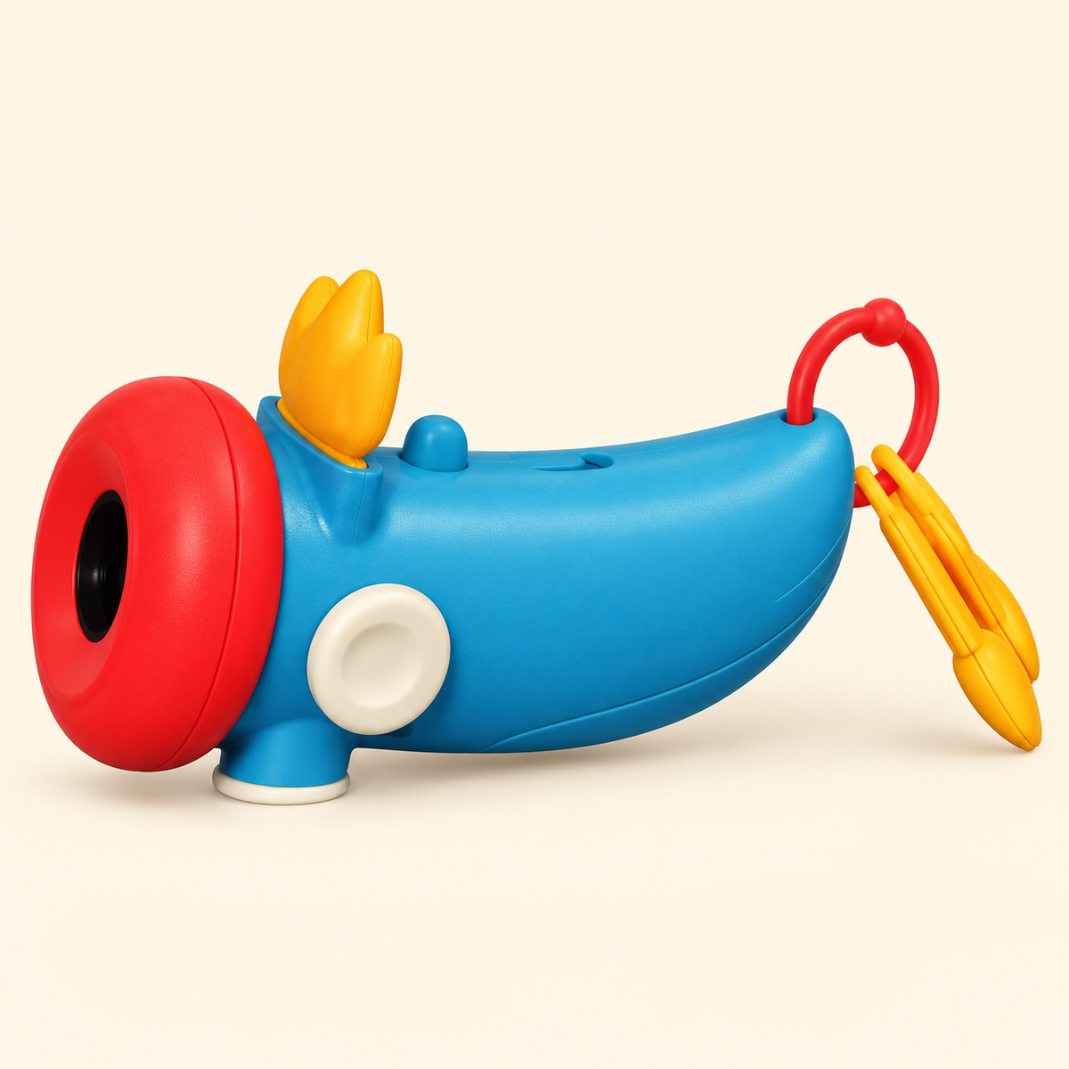 Lulu kids story projector with blue body, red projection lens and yellow carrying accessories