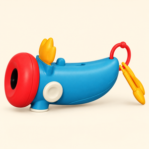 Lulu kids story projector with blue body, red projection lens and yellow carrying accessories