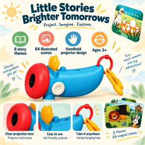 Lulu story projector infographic showing 8 themes, 64 illustrated scenes, handheld design and age 3+