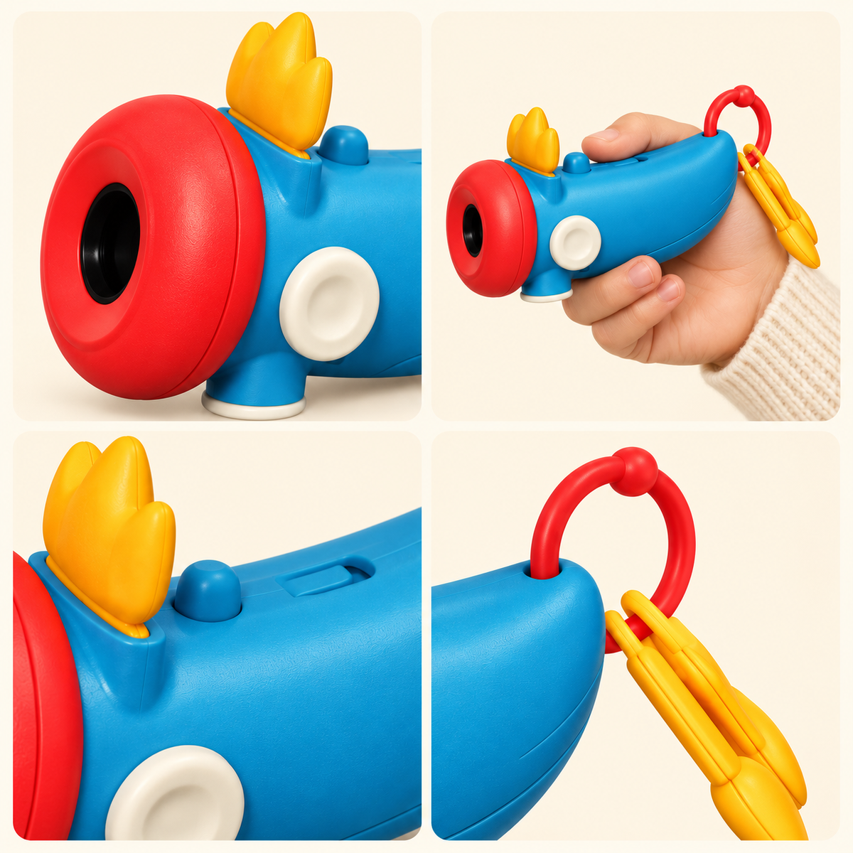 Close-up collage of Lulu story projector showing projection lens, handheld controls and carrying loop