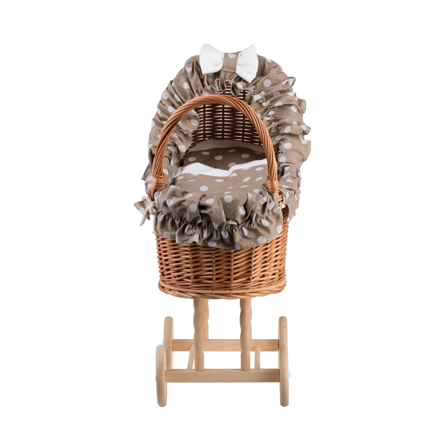 Cochecito de muñecas de mimbre Lulu con borde, manta y almohada en beige