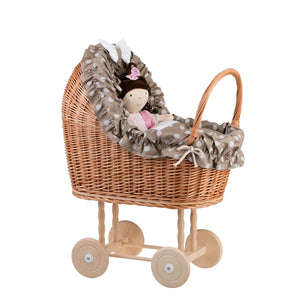 Passeggino in vimini per bambole Lulu con rifiniture, copertina e cuscino beige - Beige