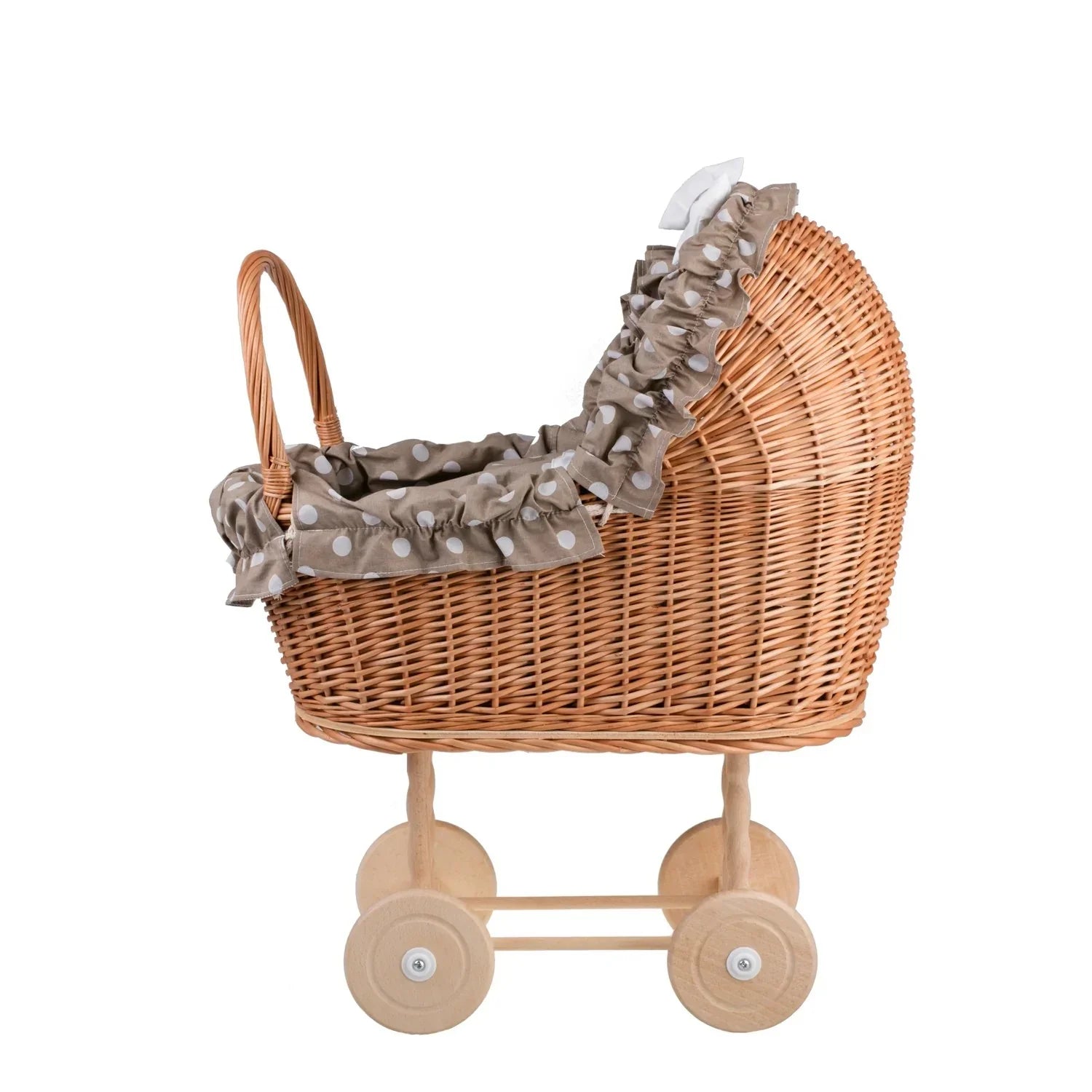 Passeggino in vimini per bambole Lulu con rifiniture, copertina e cuscino beige - Beige